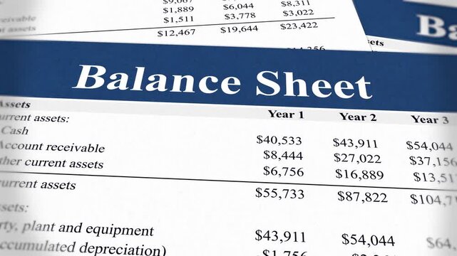 Balance sheets papers in random order closeup with three years company data. Assets, liabilities, receivable, asset depreciation, credit, debit and tax. 4k footage