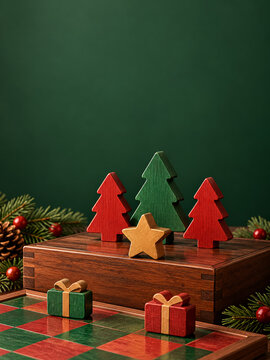 Merry Christmas wooden game pieces with green and red fir trees, gold star and gift boxes on storage box, festive still life against green background with upper copy space for holiday promotions