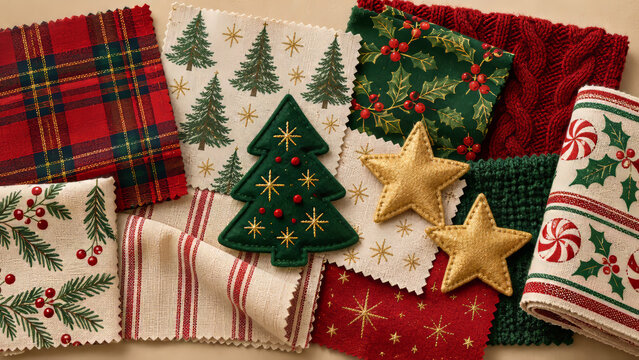 Merry Christmas textile collage with tartan, linen, knit and felt tree patches, gold stars and printed holly swatches, red and green fabric collection for craft branding and seasonal moodboards