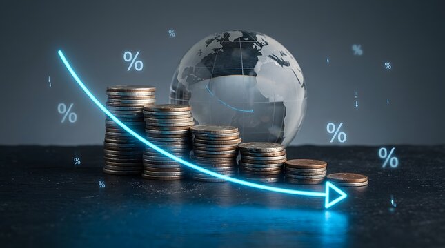 Globe behind decreasing coin stacks with glowing downward interest rate arrow