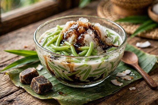 Traditional Indonesian dawet ayu cendol dessert, green rice jelly with coconut milk and palm sugar - Generative AI