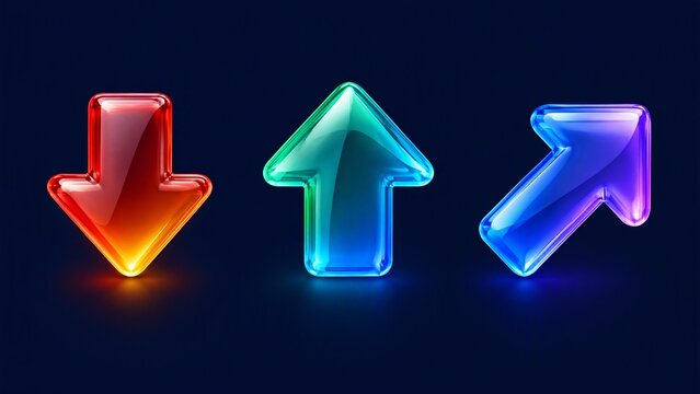 Three colorful glossy arrows pointing down, up, and diagonally upward on dark background