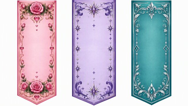 Three ornate vertical banners with floral, star, and silver art deco designs in pink, purple, and teal colors