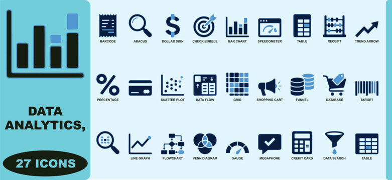 Data analytics and business set featuring barcodes, abacus, dollar signs, check bubbles, bar charts, speedometers, tables, receipts, trend arrows, percentages, credit cards, and scatter plots