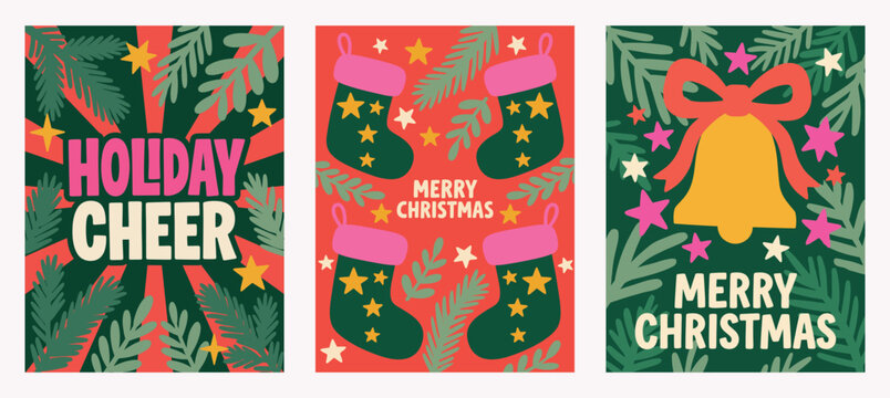 A vibrant collection of christmas card vectors showcasing festive designs with holiday cheer stockings and a cheerful santa claus perfect for seasonal greetings