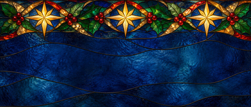 Merry Christmas greeting background with three gold stars and green holly leaves in a stained glass border, ruby berries and rich blue panes around a wide field for heritage and faith messages.