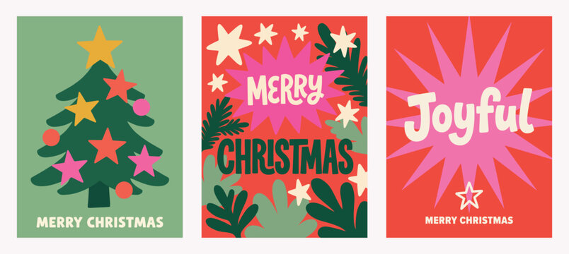 A vibrant collection of festive christmas card vector illustrations showcasing joyful designs with trees stars and cheerful greetings for the holiday season