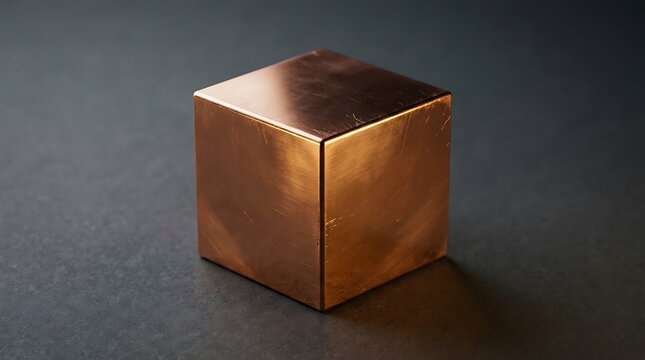 Polished copper cube isolated on dark grey background with soft studio lighting