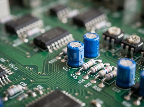 Electronic components including capacitors and resistors on a green circuit board