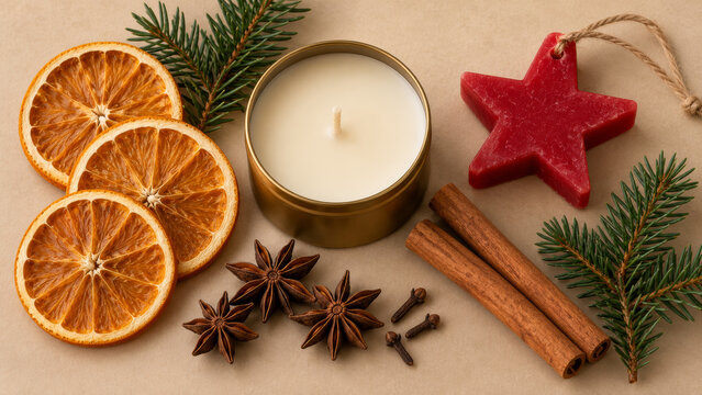 Merry Christmas candle tin with dried orange, cinnamon, star anise and fir on beige paper, flat lay with red wax star and unlit cream candle for home fragrance packaging and holiday craft branding