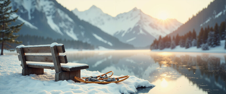 Rustic seat and winter footwear overlooking icy water and alpine peaks for outdoor adventure blog content and resort marketing