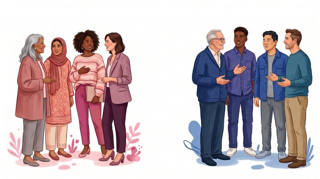 Diverse groups of people engaging in conversation and connecting. The left side shows three women of different ages and ethnicities, while the right side depicts three men, also of varied backgrounds.