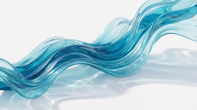 A smooth, flowing wave of translucent blue liquid shimmering with light and casting watery reflections on a soft surface. The fluid motion evokes a sense of calmness and elegance