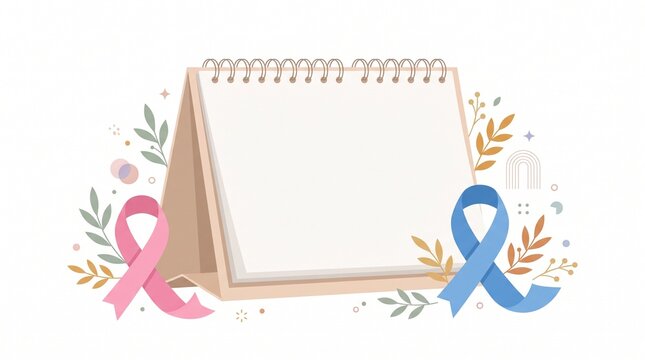 A blank calendar with pink and blue awareness ribbons and foliage. This image can be used to promote awareness for various causes and events