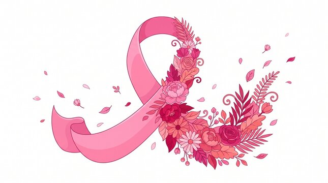 A pink ribbon adorned with blooming flowers and falling leaves, symbolizing awareness and hope