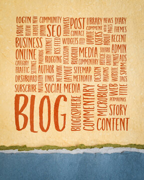 cloud of words or tags related to blogging and blog design - handwriting on art paper