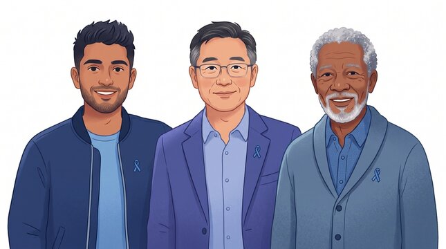 Three diverse men of different ages and ethnicities standing together, each wearing a blue ribbon. They appear to be representing unity and solidarity