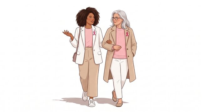Two women walking together and talking. The woman on the left has dark curly hair and is wearing a pink shirt, white blazer, and beige pants. The woman on the right has gray hair and glasses.