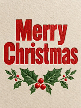 Merry Christmas red lettering stacked on cream paper with green holly and berries, bold tactile greeting typography in pressed relief for holiday cards, seasonal invitations and stationery