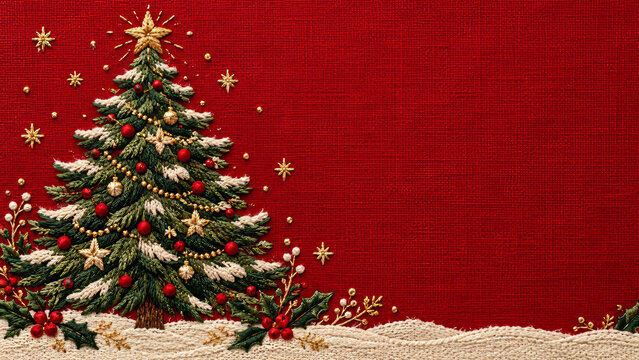 Merry Christmas card background with an embroidered green tree, gold star and red ornaments on rich linen, with stitched holly and cream snow, with open space for a handmade seasonal greeting.