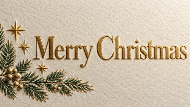 Merry Christmas gold lettering on ivory paper with fir sprig and stars, tactile greeting typography in raised relief with warm textured surface for seasonal cards, holiday banners and stationery