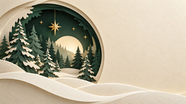 Merry Christmas greeting background with a layered paper forest, green fir trees, cream snow banks and a hanging gold star inside a sculptural tunnel, leaving spacious room for festive stationery.