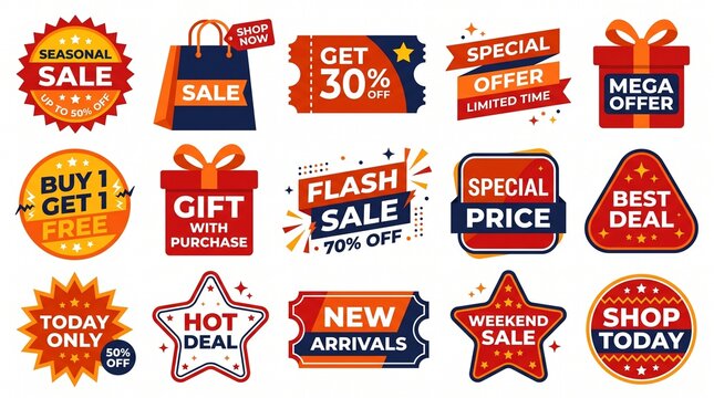 Set of vibrant retail sales badges and promotional discount marketing labels