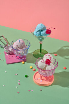 Pink and blue ice cream sundae trio