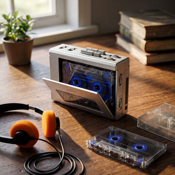 Retro silver cassette player with open tape deck and headphones on a wooden desk