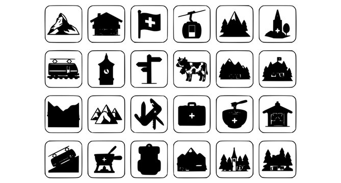 Switzerland icons of culture and traditions in hand drawn line art vector symbols.