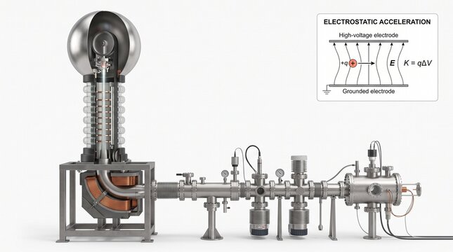Vande Graaff accelerator apparatus Electrostatic particle accelerator system stands on a plain background with a physics diagram inset.