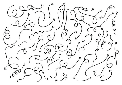 Curly Doodle Arrows. Hand Drawn Swirls Loops and Directional Pointers