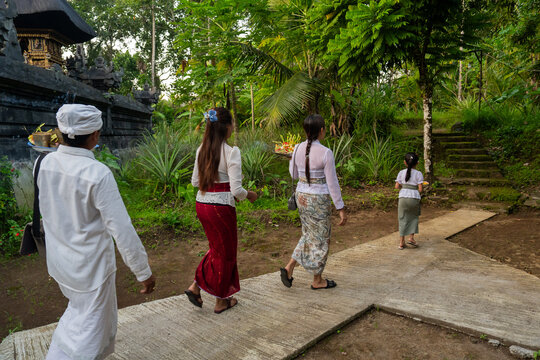 Family Walking Along a Path in a Lush Area Near a Temple in Bali
