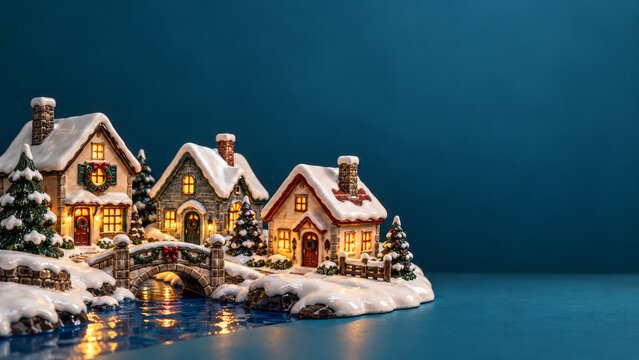Merry Christmas decor background with a ceramic village, snowy houses, an arched bridge and evergreen trees beside a reflective stream, glowing against a teal field with room for homeware copy.