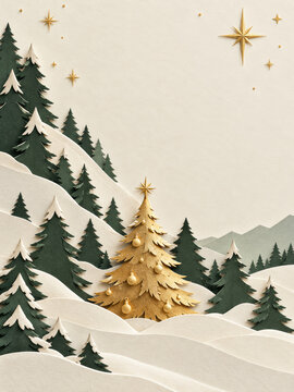 Merry Christmas stationery background with a gold paper tree and star among green fir silhouettes, layered cream snow hills and a generous blank sky, arranged as a tall tactile winter greeting scene.
