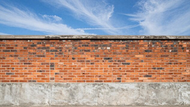A textured brick wall with a concrete base sits beneath a bright blue sky with wispy clouds
