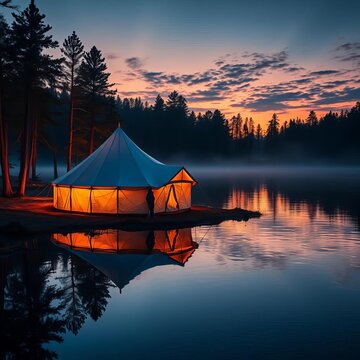 Glowing tent amidst tranquil lake reflections at dusk, reflection, rustic