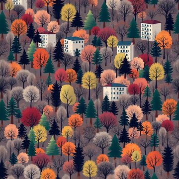Geometric seamless pattern of urban woodland scene with abstract trees and buildings in muted colors, geometric, background