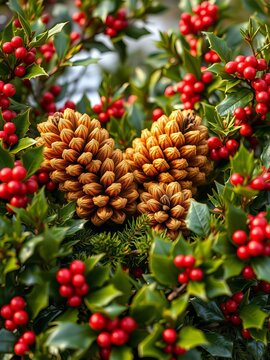 Golden conifer cones nestled among lush holly branches, red berries, outdoors