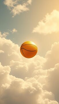 Golden basketball soars through fluffy white clouds, warm, sunlight