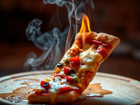 Hot steaming pizza slice with melted cheese and toppings, pizza, savory