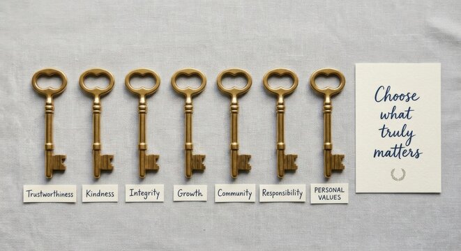 Golden Antique Keys Lined Up with Value Labels Symbolizing Success and Personal Growth