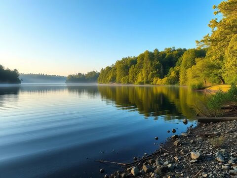 Peaceful lake scene on Labor Day morning with calm water and lush greenery surrounding the shore, || lakeside, tranquility