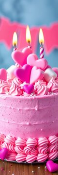 Pink birthday cake with hearts and marshmallows, joyful, celebration