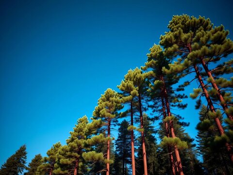 Pine trees standing tall against a dark blue sky, woodland, wilderness