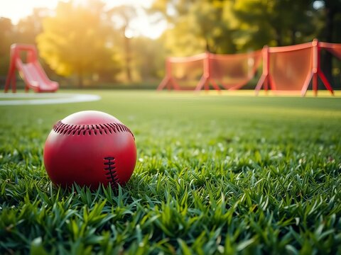 Red playground kickball ball on lush green grass, school yard, grassy field