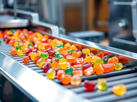 Shiny stainless steel conveyor belt filled with colorful gummies, ||candy production, automation technology
