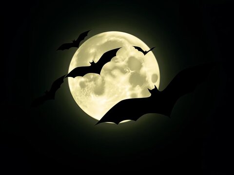 Silhouetted bats in mid-flight under a radiant full moon, eerie, ||bat