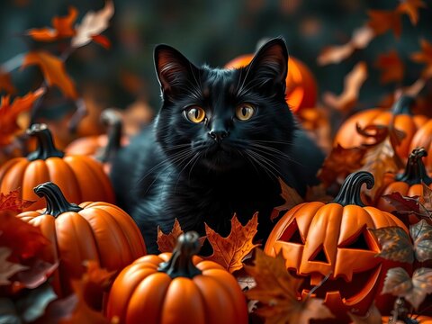 Spooky black cat surrounded by orange jack-o-lanterns and autumn leaves, kitten, halloween
