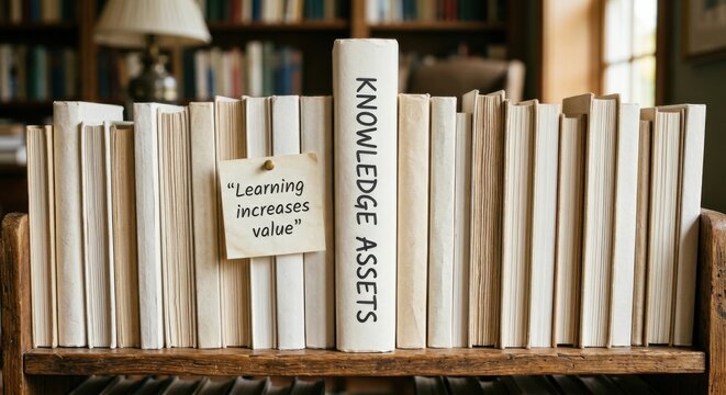 Standing Books with 'Knowledge Assets' Spine and Learning Quote